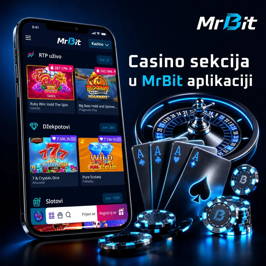 Casino sekcija u MrBit aplikaciji sa kategorijama igara - slotovi, live casino, jackpot i video poker