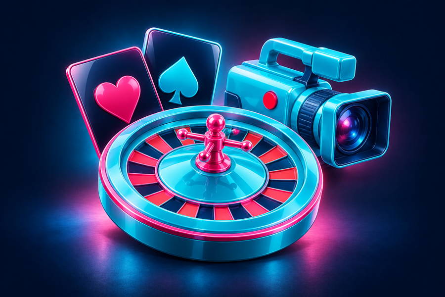 Bonus za live kazino u MrBit-u - ruleta, karte i kamera sa crvenom LIVE tačkom.