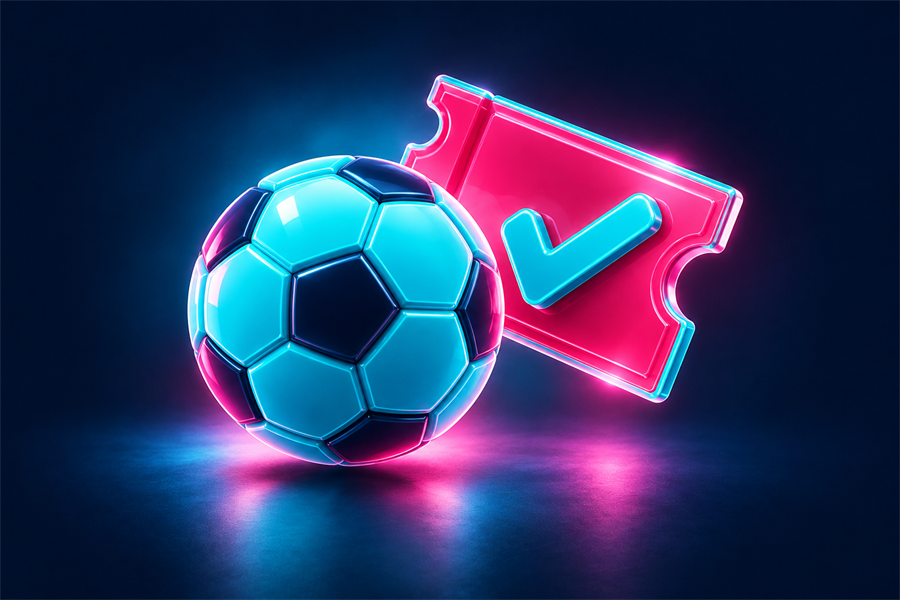Free Bet bonus za sport u MrBit kazinu - sjajna fudbalska lopta i ružičasti tiket za klađenje sa tirkiznom kvačicom.